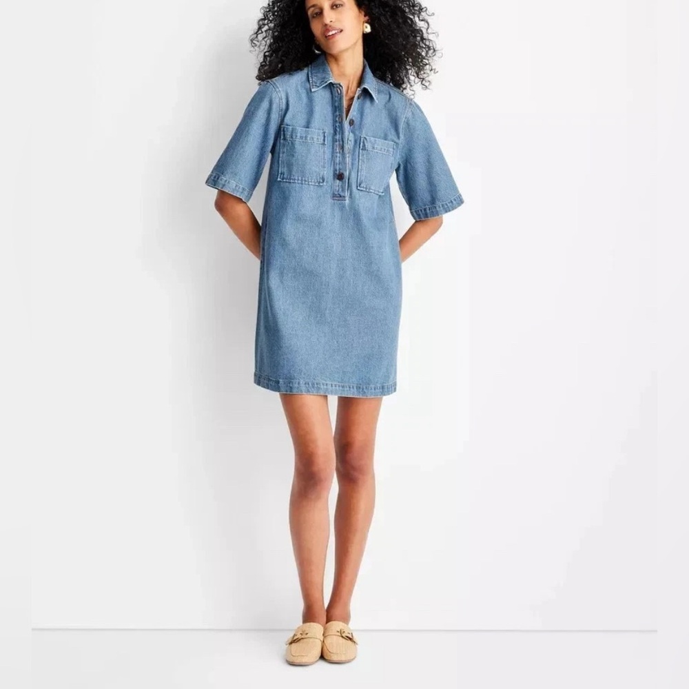 Future Collective Denim Mini Dress S Boxy ShortSleeve Casual Cottagecore Cotton